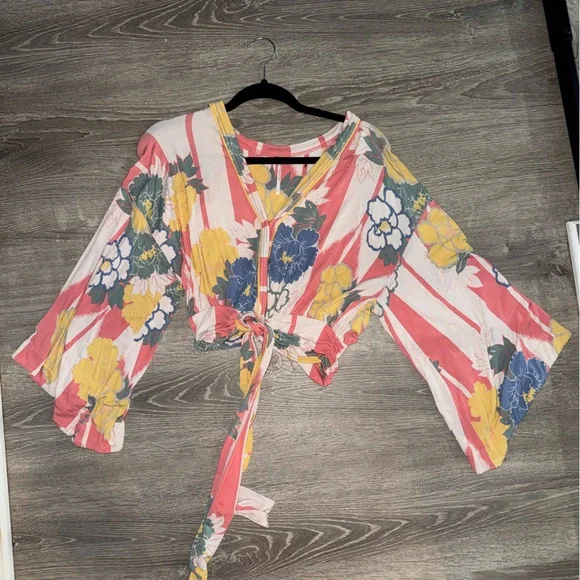 Free People Pink and Yellow 3/4 Sleeve Tie Front Blouse - Picture 1 of 2
